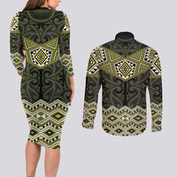 New Zealand Aotearoa Couples Matching Long Sleeve Bodycon Dress and Long Sleeve Button Shirt Yellow Taniko Art Maori Pattern LT05 - Polynesian Pride