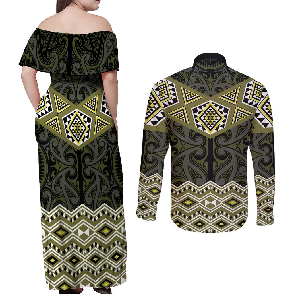 New Zealand Aotearoa Couples Matching Off Shoulder Maxi Dress and Long Sleeve Button Shirt Yellow Taniko Art Maori Pattern