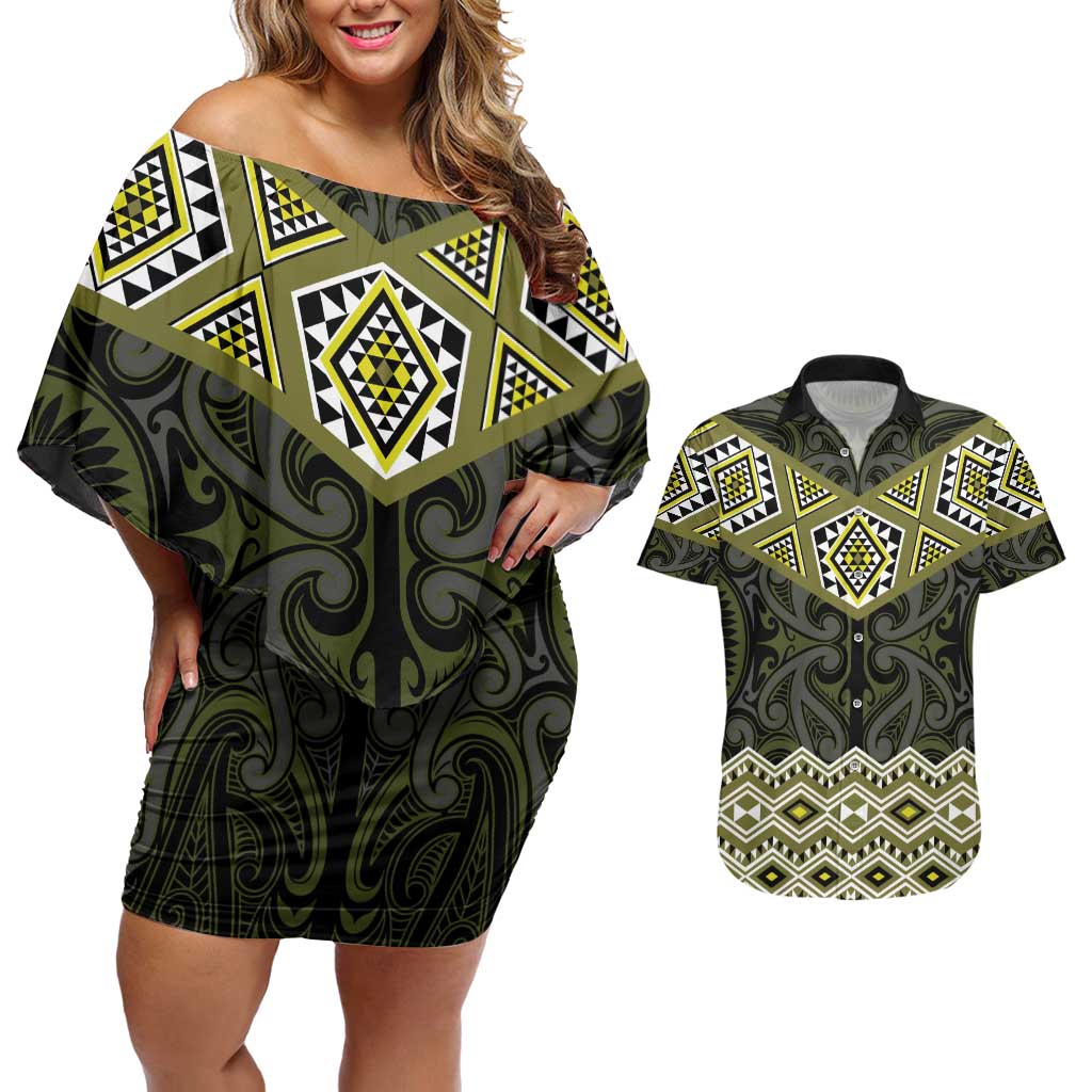 New Zealand Aotearoa Couples Matching Off Shoulder Short Dress and Hawaiian Shirt Yellow Taniko Art Maori Pattern