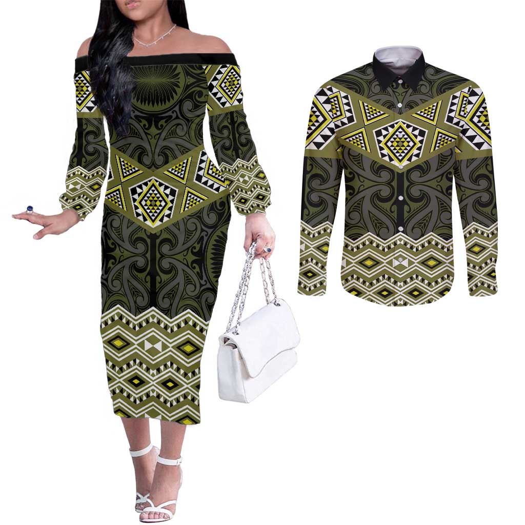 New Zealand Aotearoa Couples Matching Off The Shoulder Long Sleeve Dress and Long Sleeve Button Shirt Yellow Taniko Art Maori Pattern