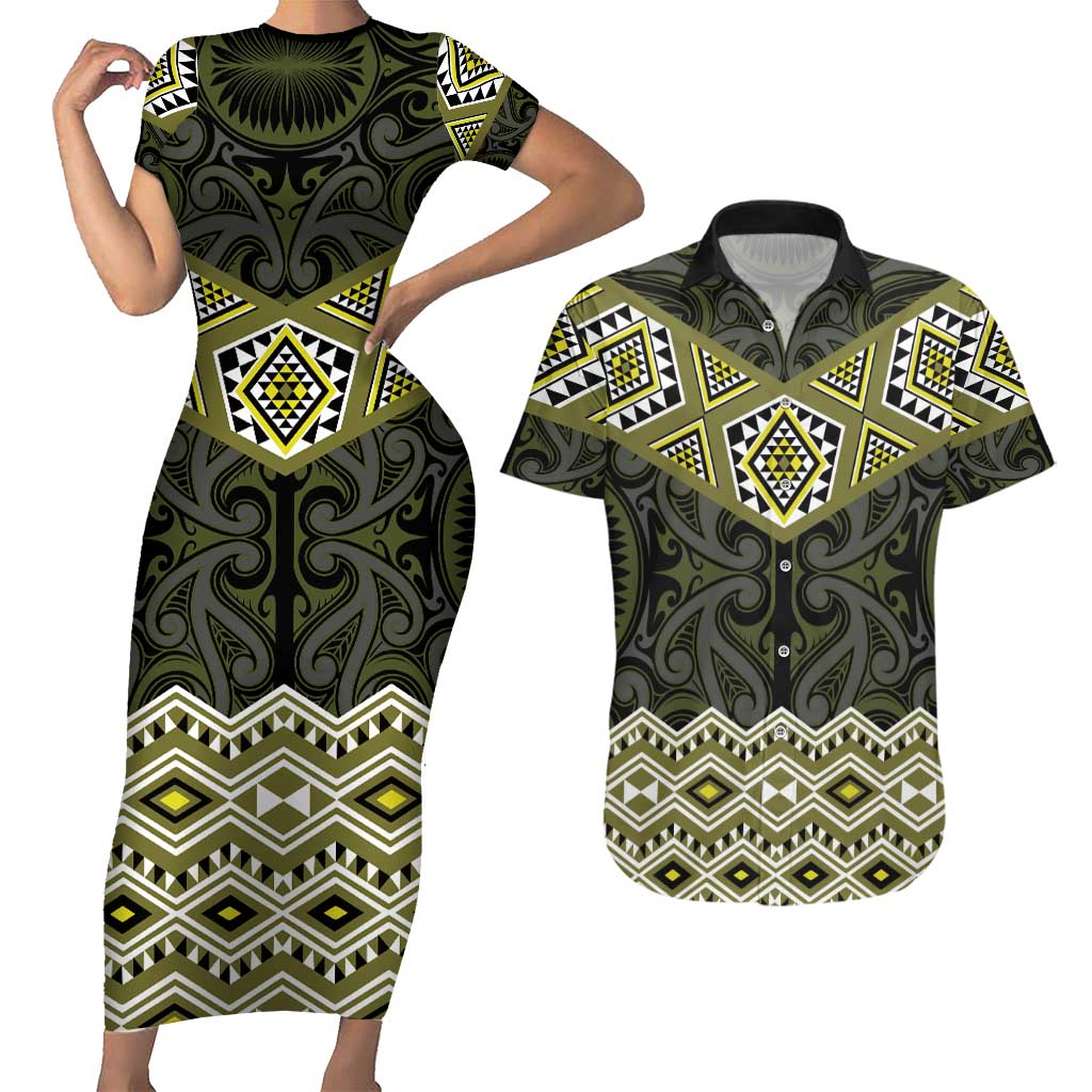 New Zealand Aotearoa Couples Matching Short Sleeve Bodycon Dress and Hawaiian Shirt Yellow Taniko Art Maori Pattern