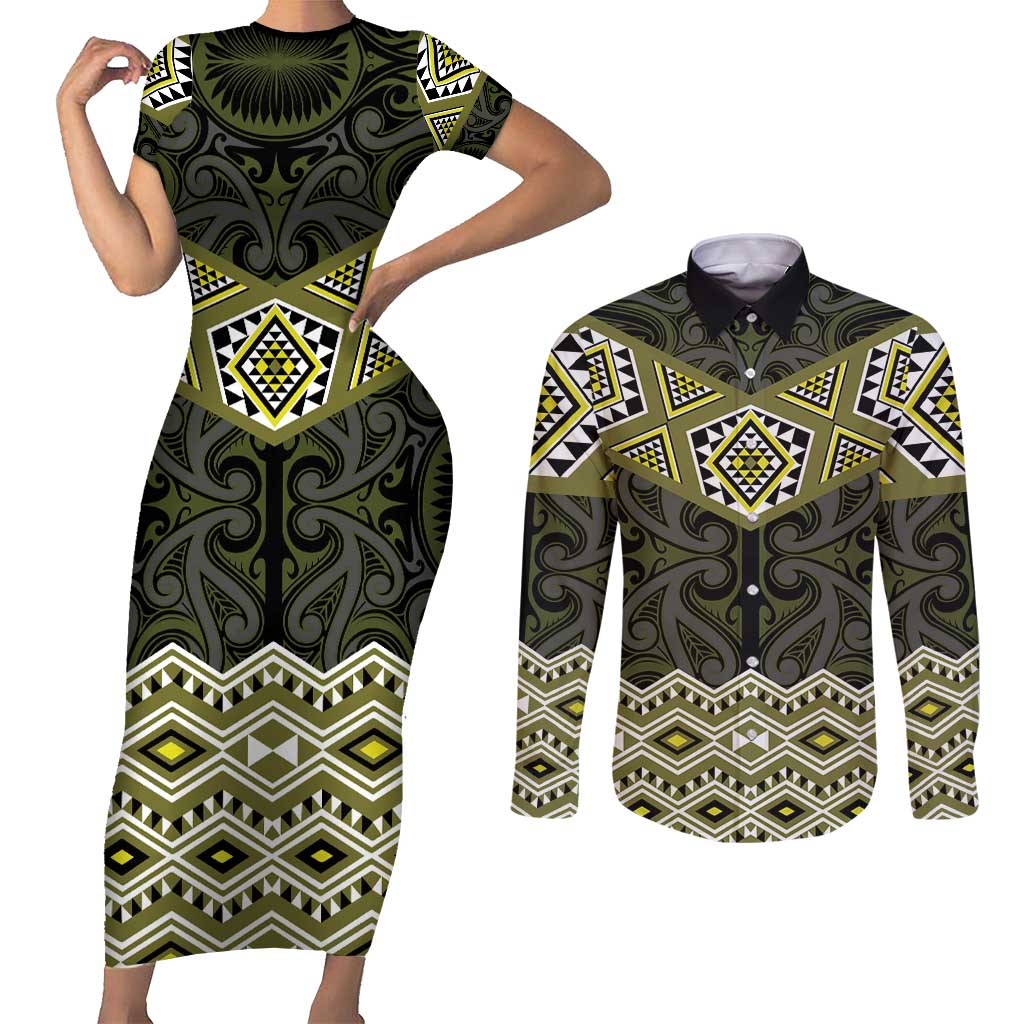 New Zealand Aotearoa Couples Matching Short Sleeve Bodycon Dress and Long Sleeve Button Shirt Yellow Taniko Art Maori Pattern