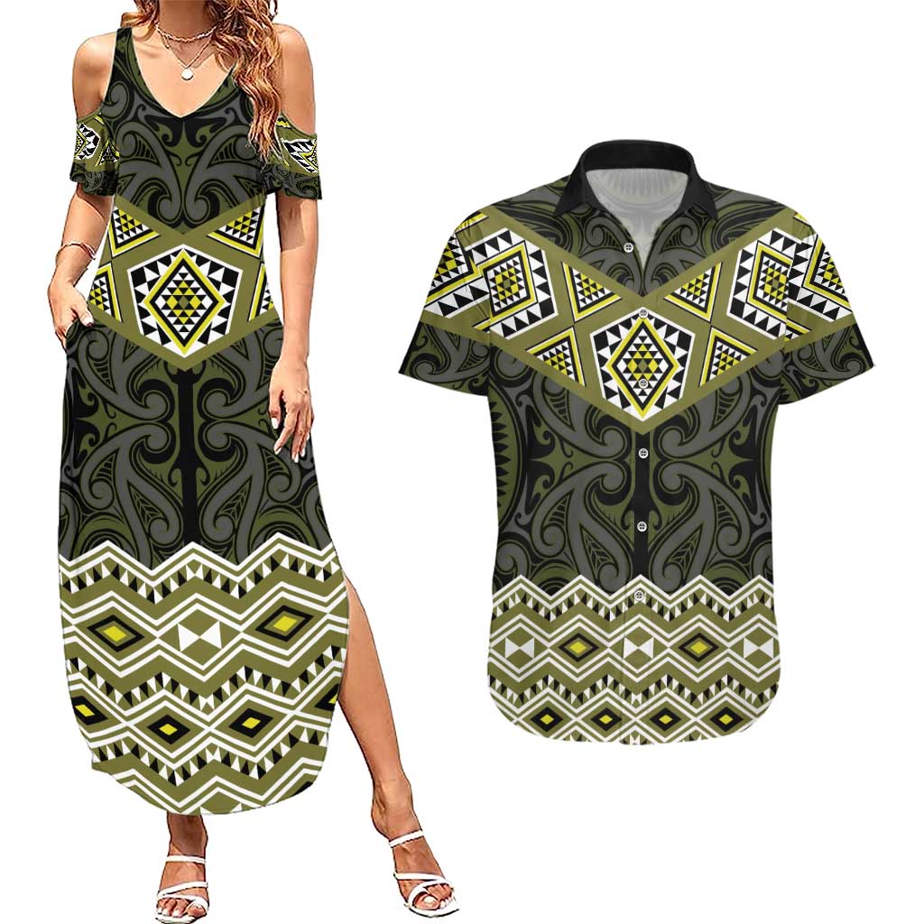 New Zealand Aotearoa Couples Matching Summer Maxi Dress and Hawaiian Shirt Yellow Taniko Art Maori Pattern