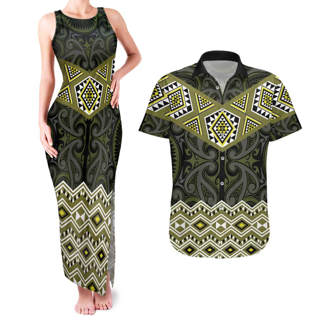 New Zealand Aotearoa Couples Matching Tank Maxi Dress and Hawaiian Shirt Yellow Taniko Art Maori Pattern