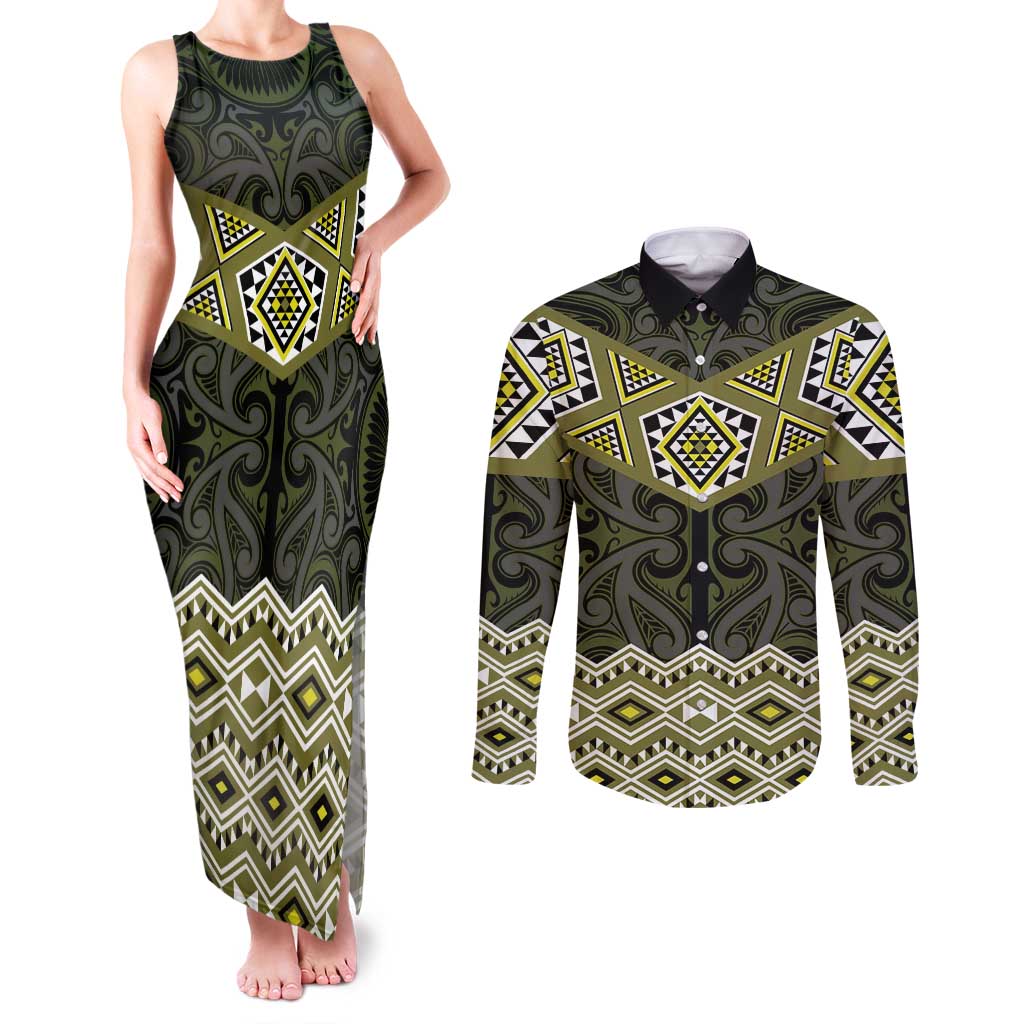 New Zealand Aotearoa Couples Matching Tank Maxi Dress and Long Sleeve Button Shirt Yellow Taniko Art Maori Pattern