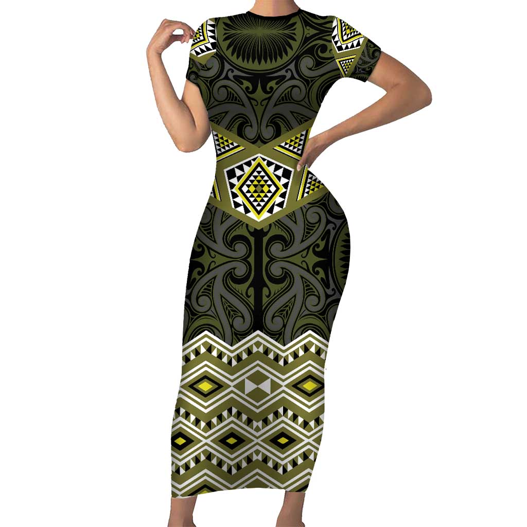 New Zealand Aotearoa Family Matching Short Sleeve Bodycon Dress and Hawaiian Shirt Yellow Taniko Art Maori Pattern