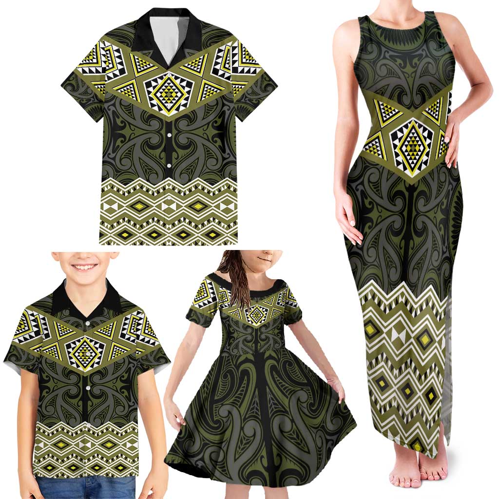 New Zealand Aotearoa Family Matching Tank Maxi Dress and Hawaiian Shirt Yellow Taniko Art Maori Pattern