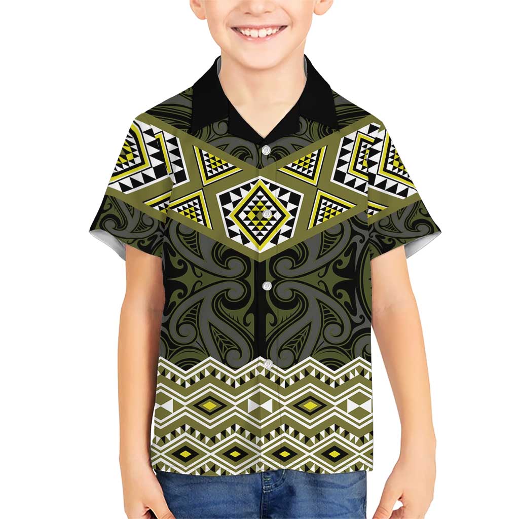 New Zealand Aotearoa Kid Hawaiian Shirt Yellow Taniko Art Maori Pattern