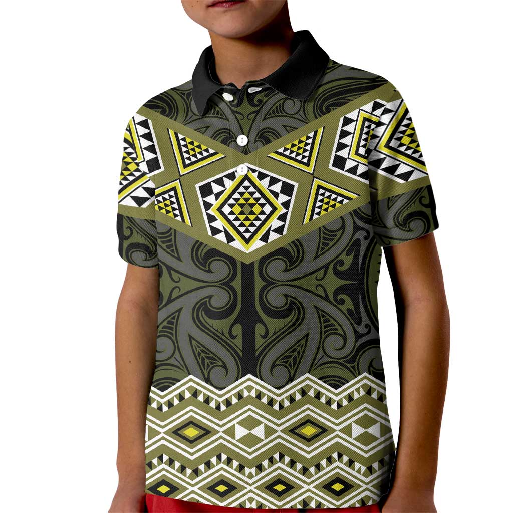 New Zealand Aotearoa Kid Polo Shirt Yellow Taniko Art Maori Pattern