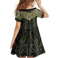New Zealand Aotearoa Kid Short Sleeve Dress Yellow Taniko Art Maori Pattern