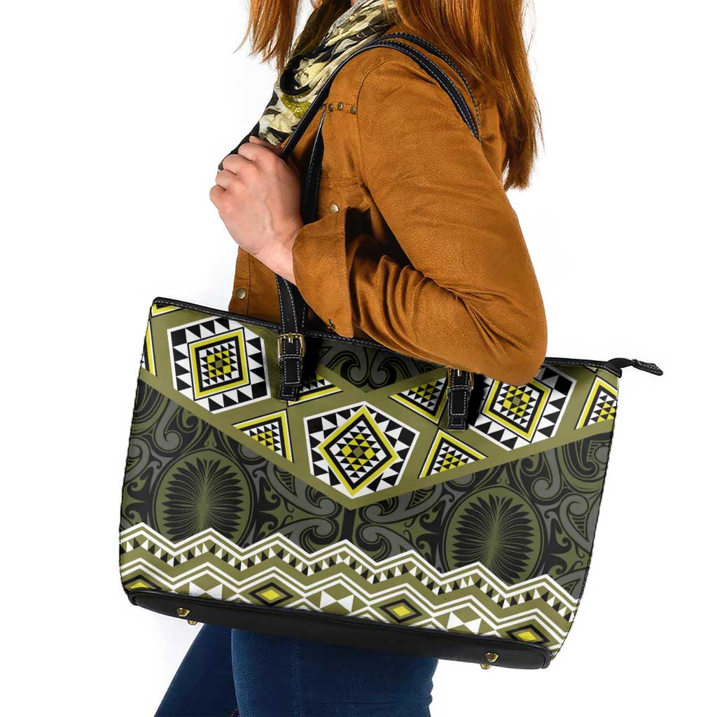 New Zealand Aotearoa Leather Tote Bag Yellow Taniko Art Maori Pattern