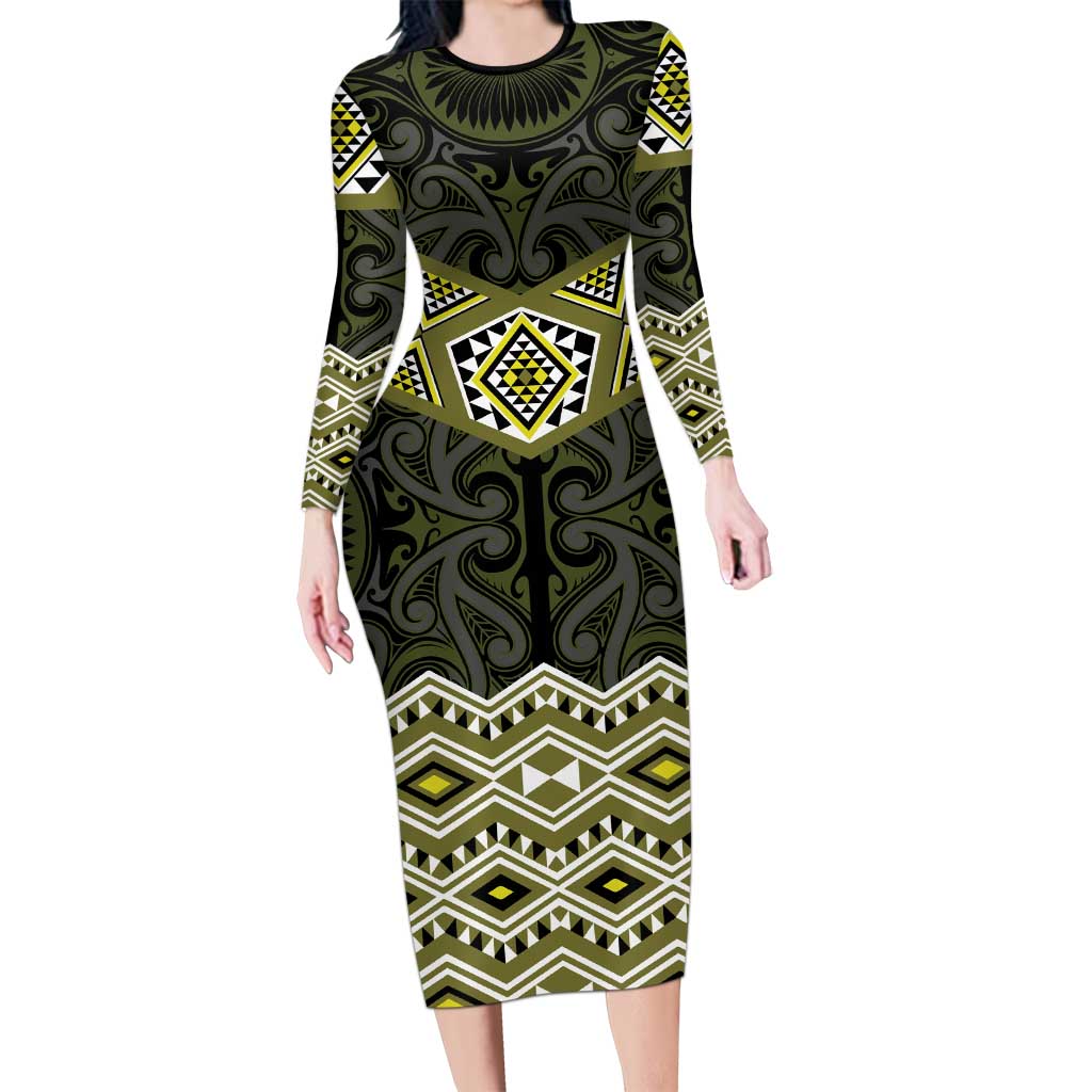 New Zealand Aotearoa Long Sleeve Bodycon Dress Yellow Taniko Art Maori Pattern