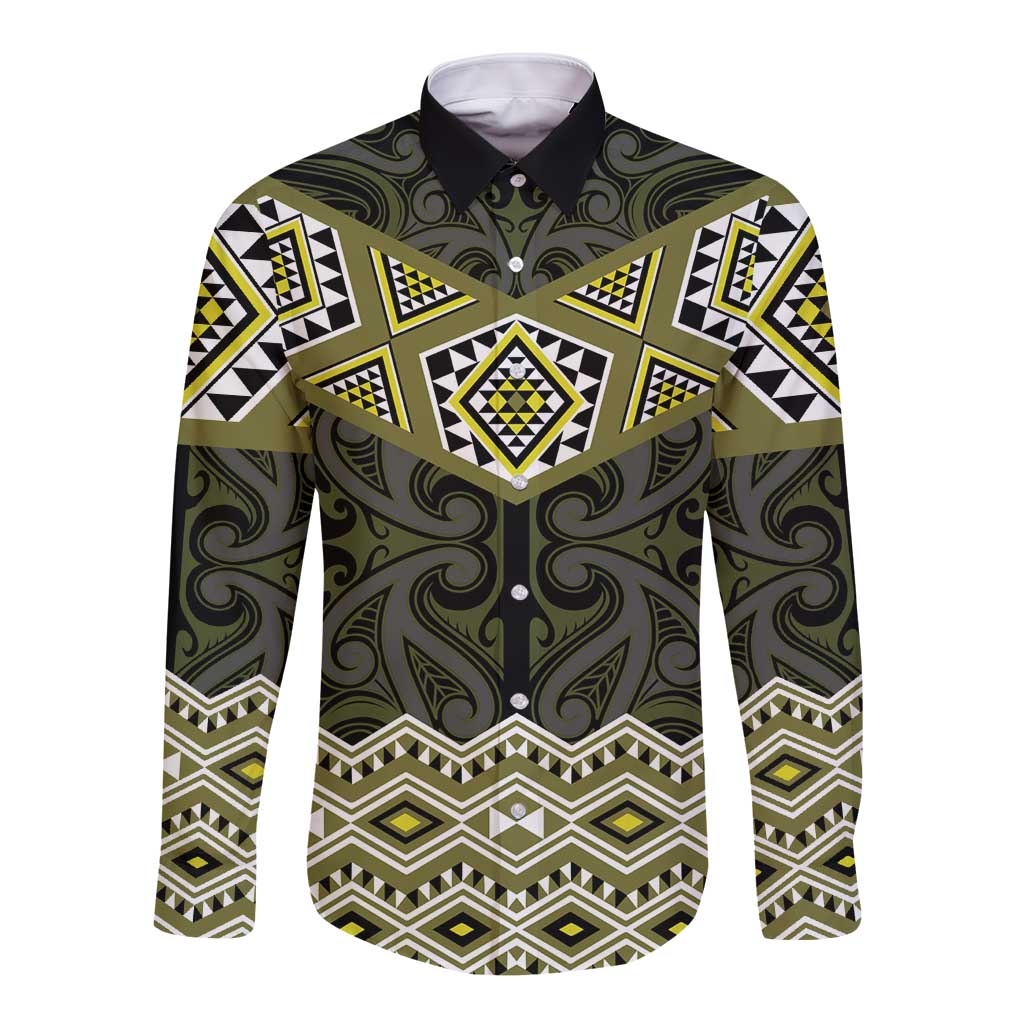 New Zealand Aotearoa Long Sleeve Button Shirt Yellow Taniko Art Maori Pattern