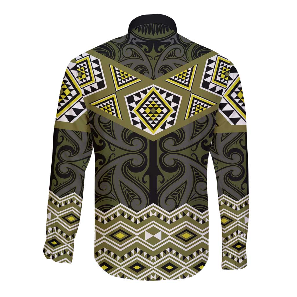 New Zealand Aotearoa Long Sleeve Button Shirt Yellow Taniko Art Maori Pattern