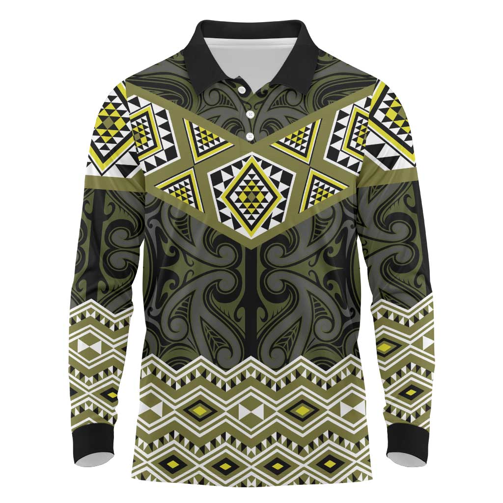 New Zealand Aotearoa Long Sleeve Polo Shirt Yellow Taniko Art Maori Pattern