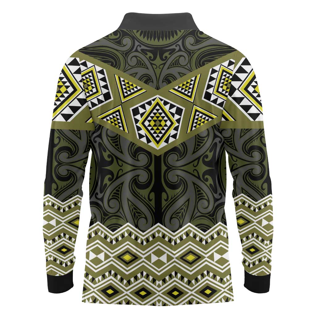 New Zealand Aotearoa Long Sleeve Polo Shirt Yellow Taniko Art Maori Pattern