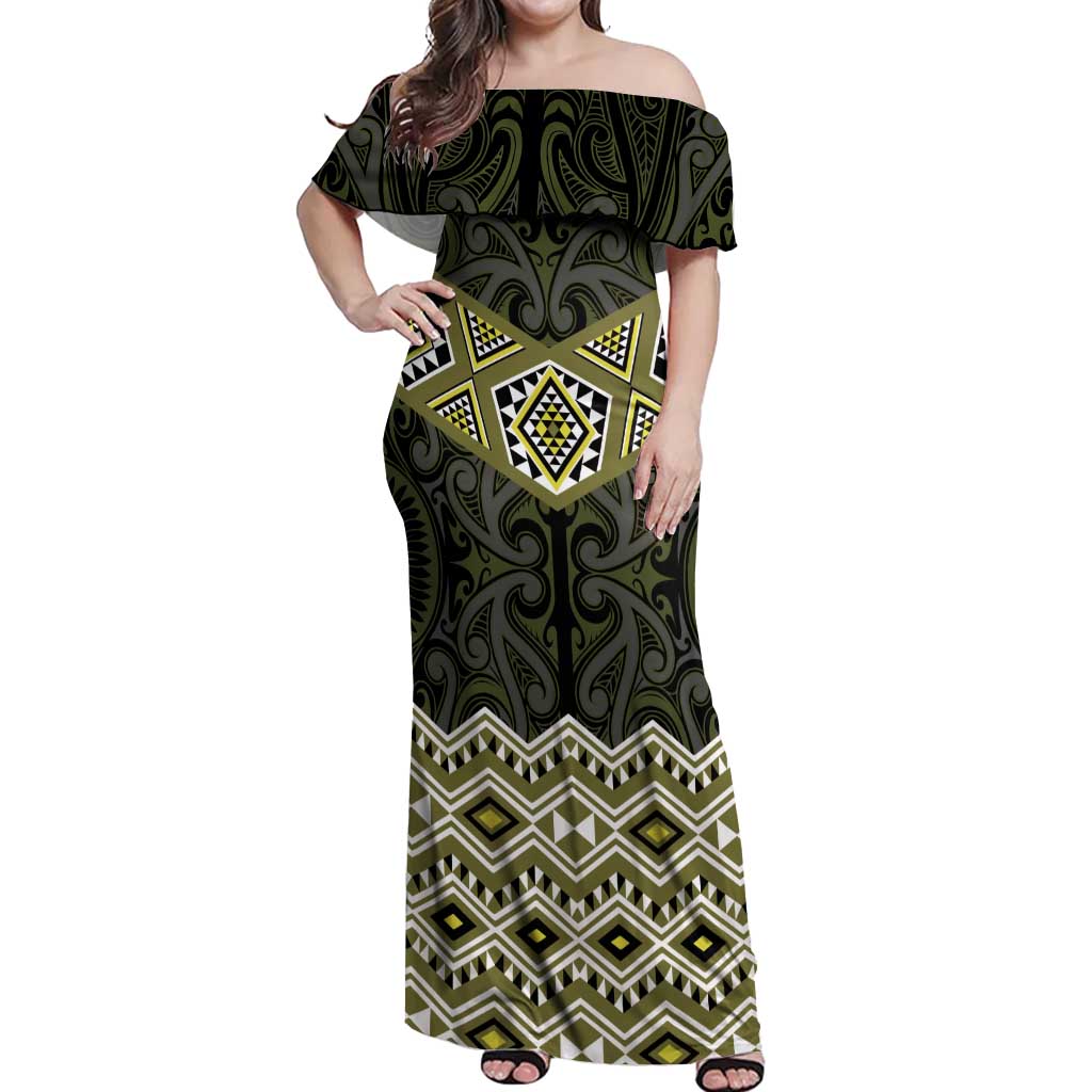 New Zealand Aotearoa Off Shoulder Maxi Dress Yellow Taniko Art Maori Pattern