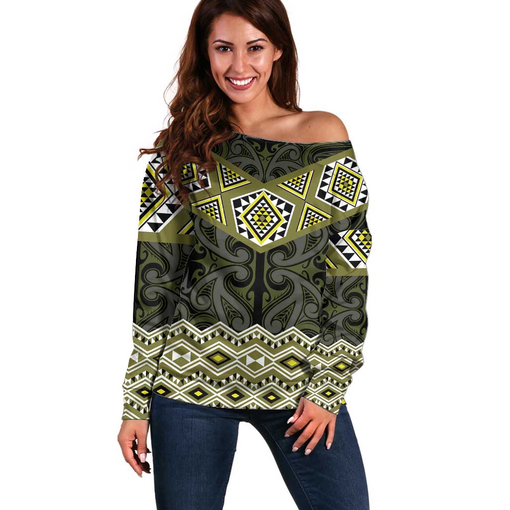 New Zealand Aotearoa Off Shoulder Sweater Yellow Taniko Art Maori Pattern