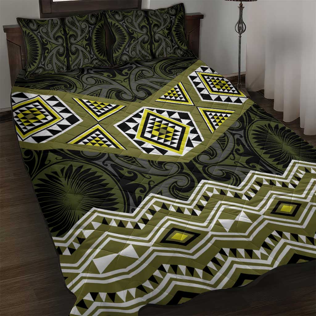 New Zealand Aotearoa Quilt Bed Set Yellow Taniko Art Maori Pattern