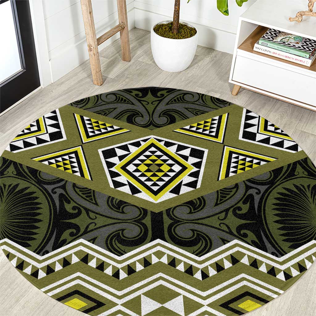 New Zealand Aotearoa Round Carpet Yellow Taniko Art Maori Pattern