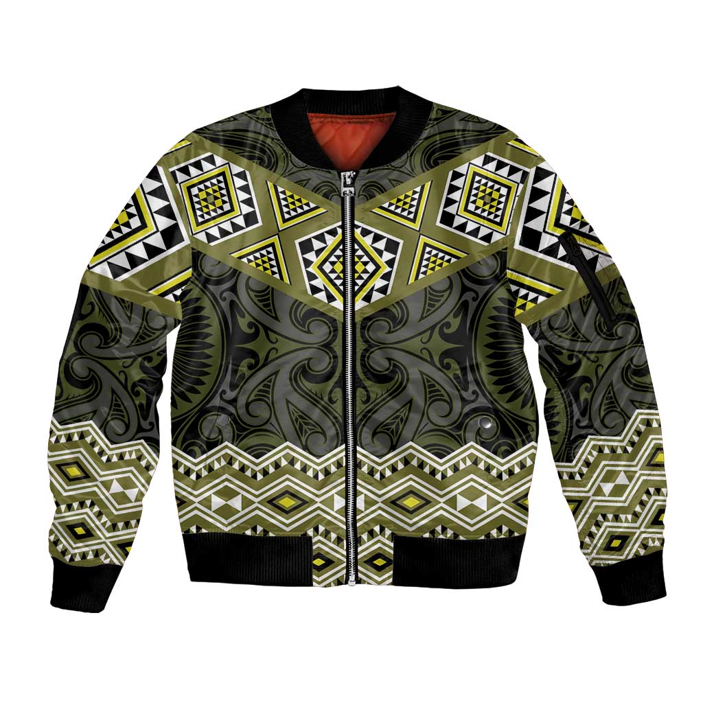 New Zealand Aotearoa Sleeve Zip Bomber Jacket Yellow Taniko Art Maori Pattern