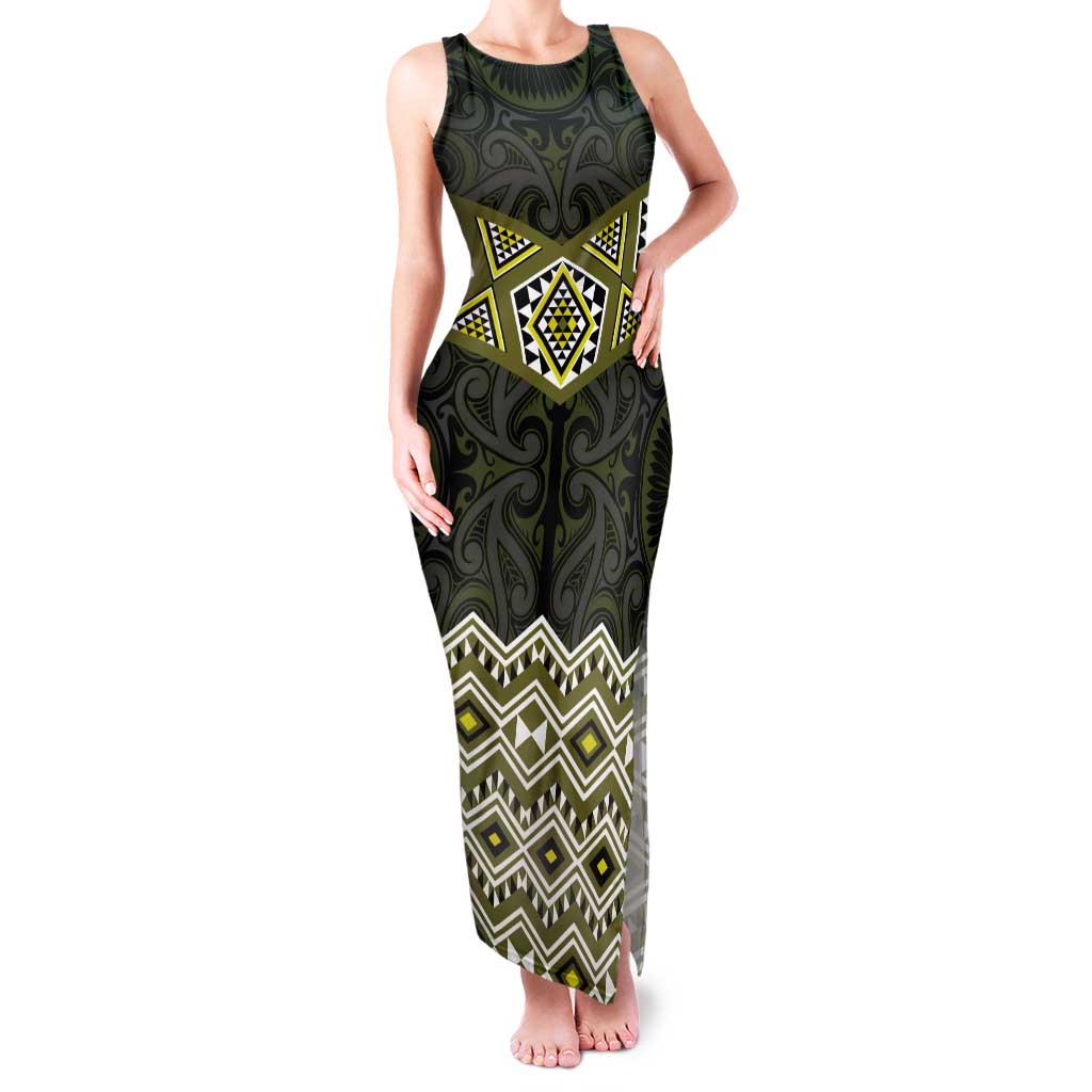 New Zealand Aotearoa Tank Maxi Dress Yellow Taniko Art Maori Pattern