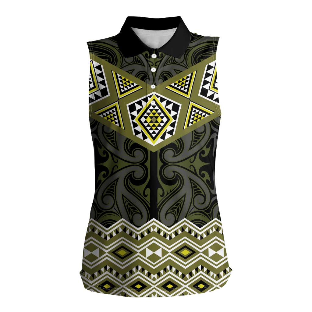 New Zealand Aotearoa Women Sleeveless Polo Shirt Yellow Taniko Art Maori Pattern