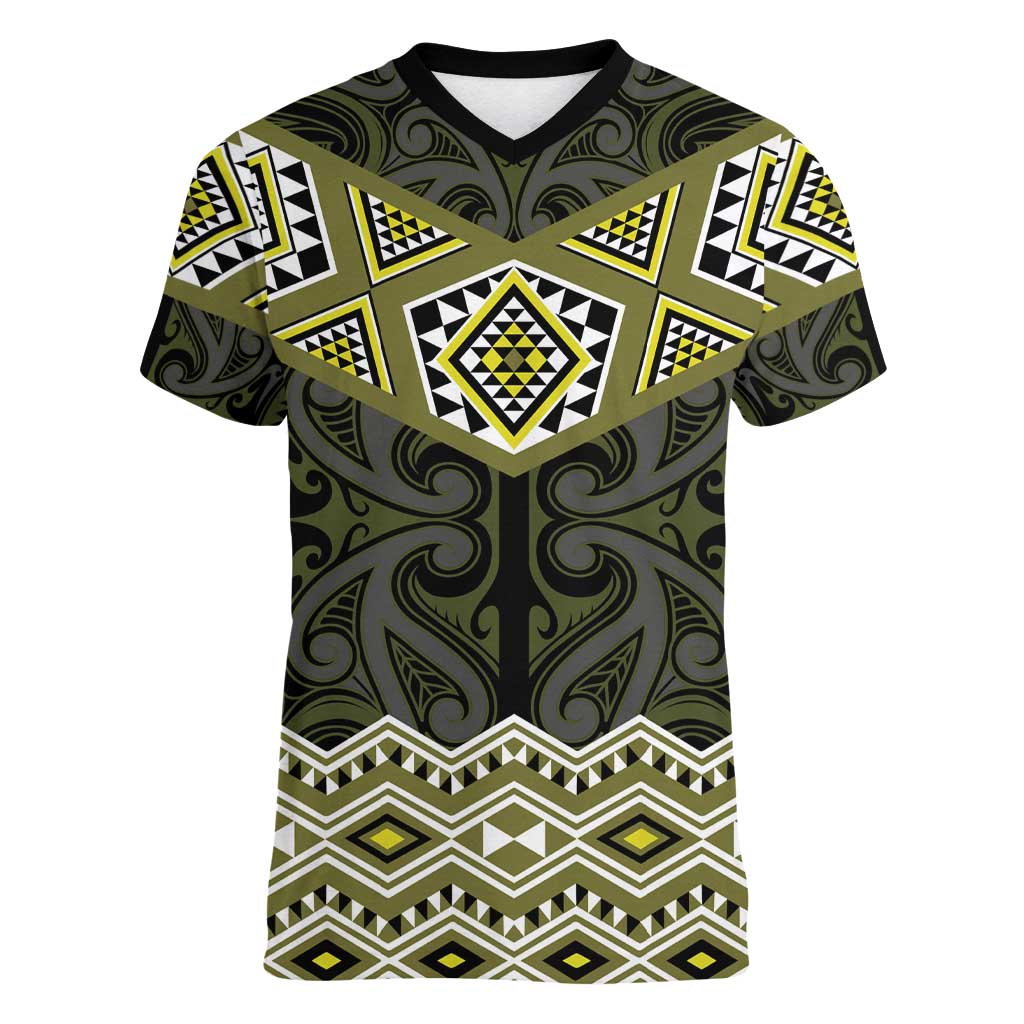 New Zealand Aotearoa Women V-Neck T-Shirt Yellow Taniko Art Maori Pattern