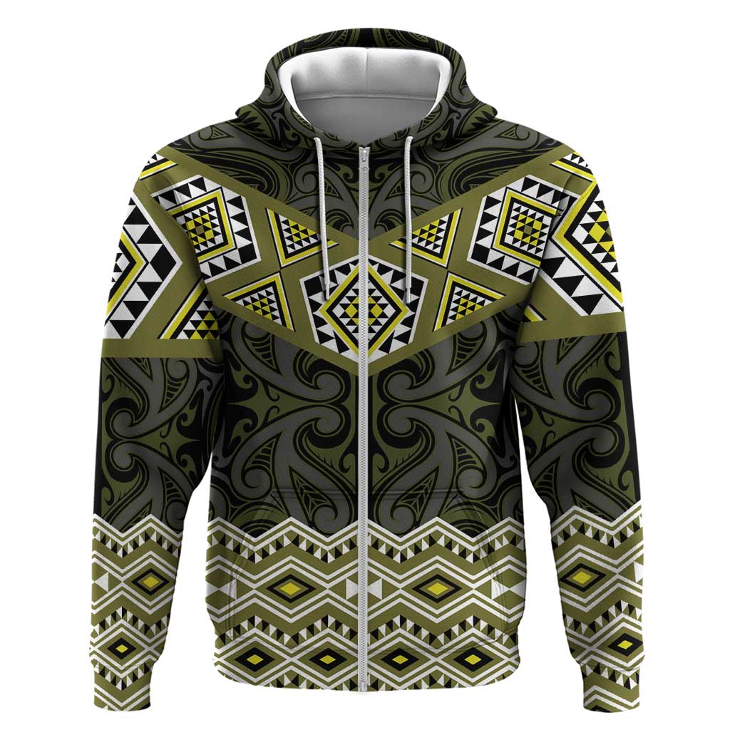 New Zealand Aotearoa Zip Hoodie Yellow Taniko Art Maori Pattern