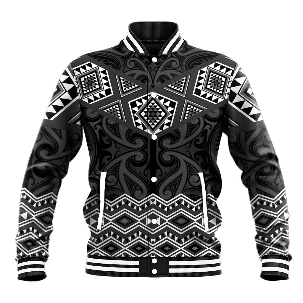 New Zealand Aotearoa Baseball Jacket Black Taniko Art Maori Pattern