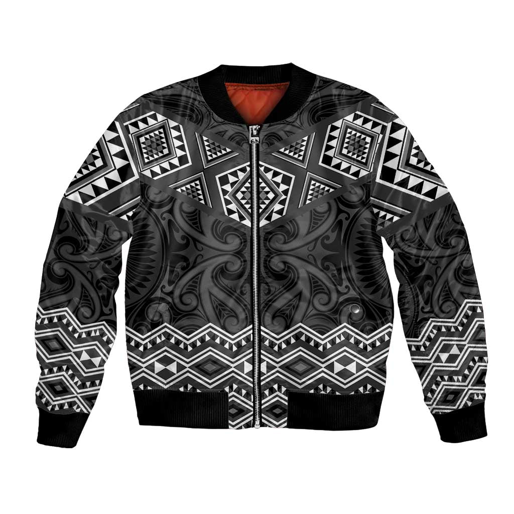 New Zealand Aotearoa Bomber Jacket Black Taniko Art Maori Pattern