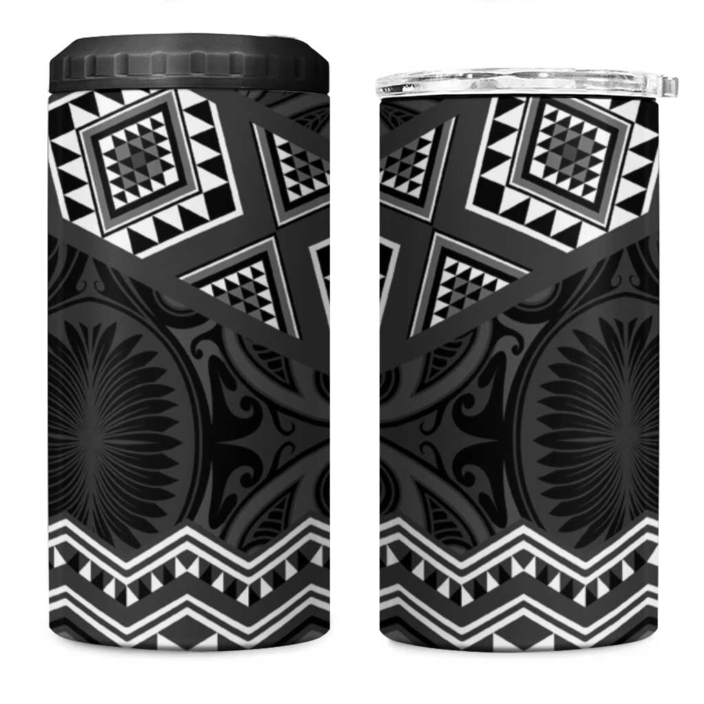New Zealand Aotearoa 4 in 1 Can Cooler Tumbler Black Taniko Art Maori Pattern