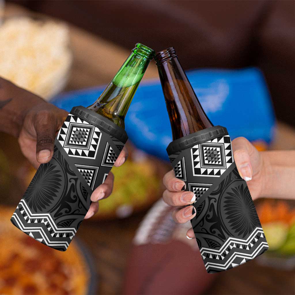 New Zealand Aotearoa 4 in 1 Can Cooler Tumbler Black Taniko Art Maori Pattern