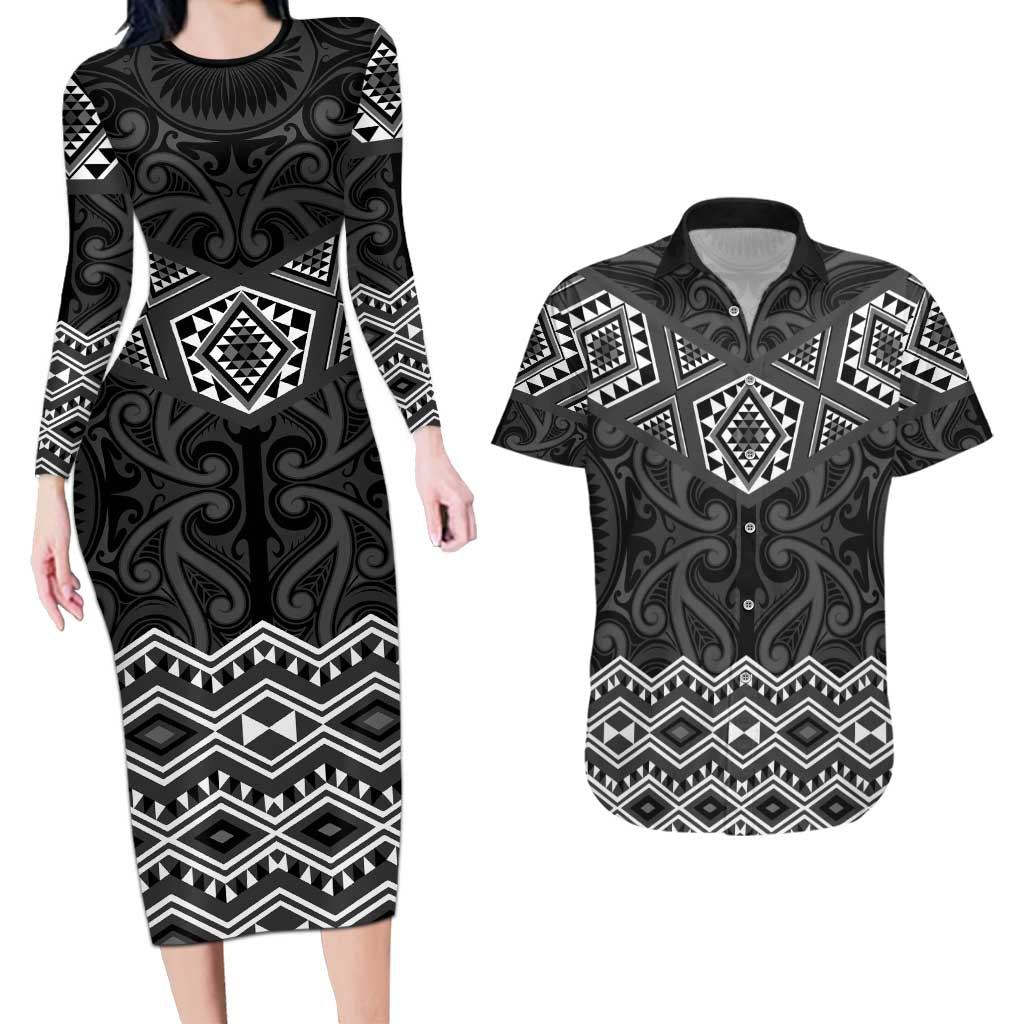 New Zealand Aotearoa Couples Matching Long Sleeve Bodycon Dress and Hawaiian Shirt Black Taniko Art Maori Pattern