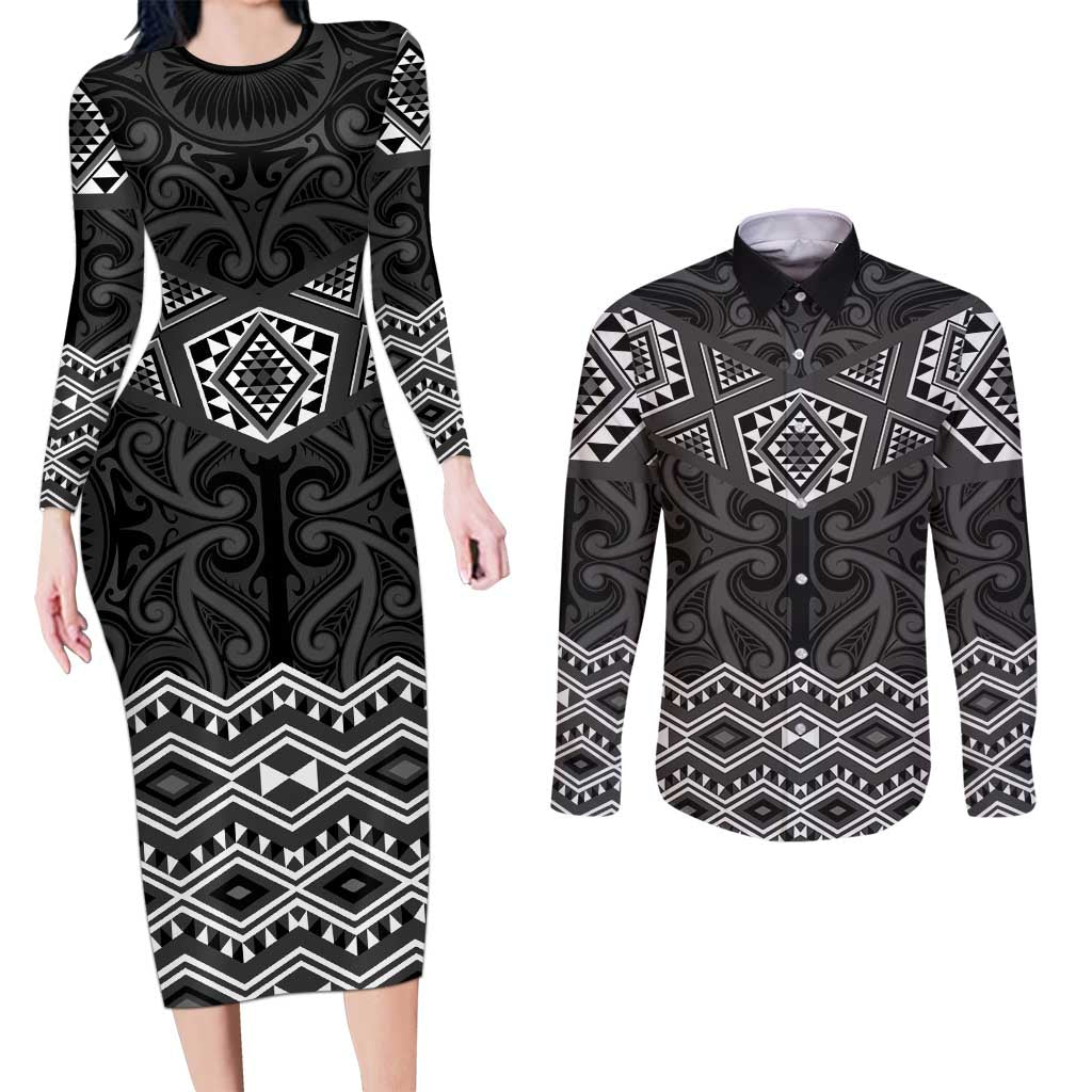 New Zealand Aotearoa Couples Matching Long Sleeve Bodycon Dress and Long Sleeve Button Shirt Black Taniko Art Maori Pattern