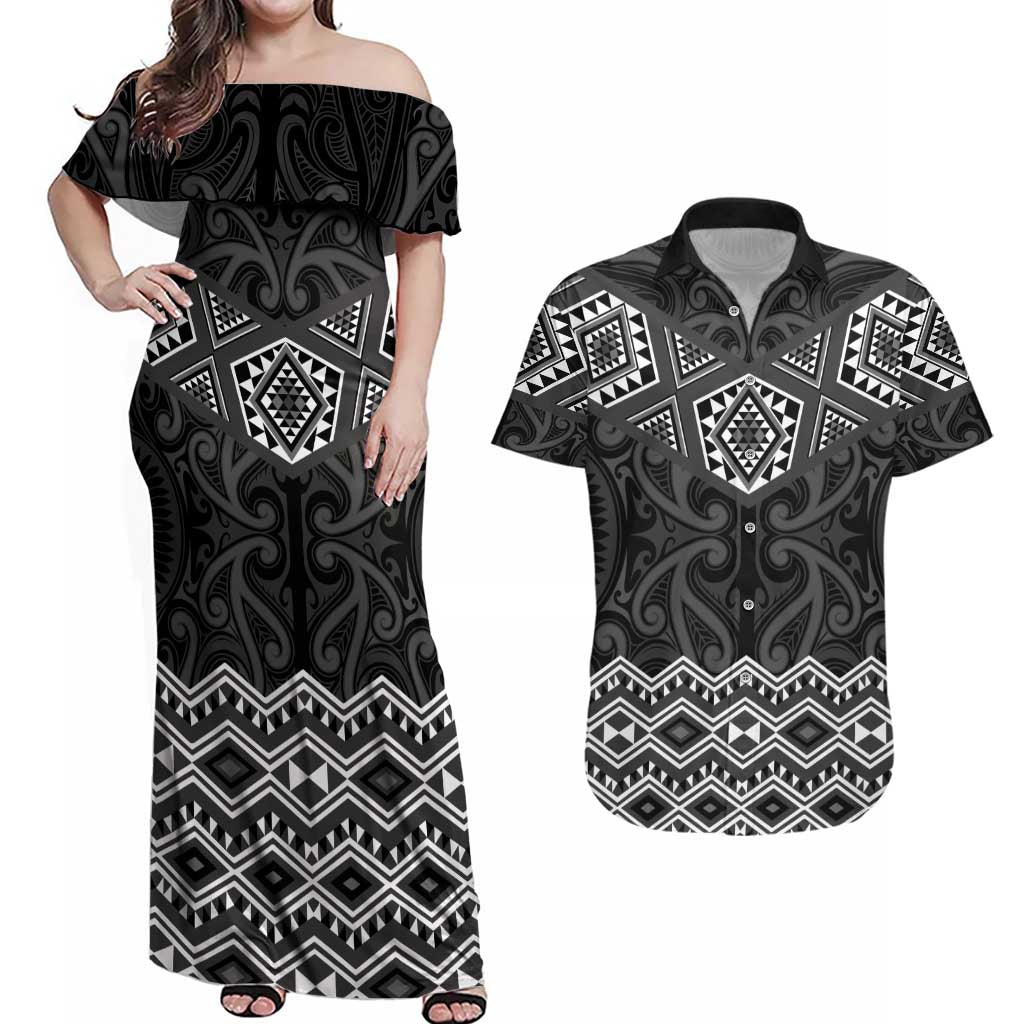 New Zealand Aotearoa Couples Matching Off Shoulder Maxi Dress and Hawaiian Shirt Black Taniko Art Maori Pattern