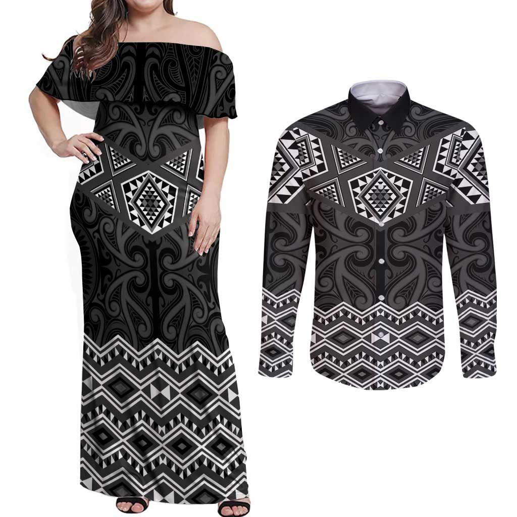 New Zealand Aotearoa Couples Matching Off Shoulder Maxi Dress and Long Sleeve Button Shirt Black Taniko Art Maori Pattern