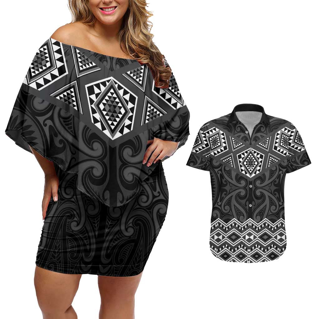 New Zealand Aotearoa Couples Matching Off Shoulder Short Dress and Hawaiian Shirt Black Taniko Art Maori Pattern