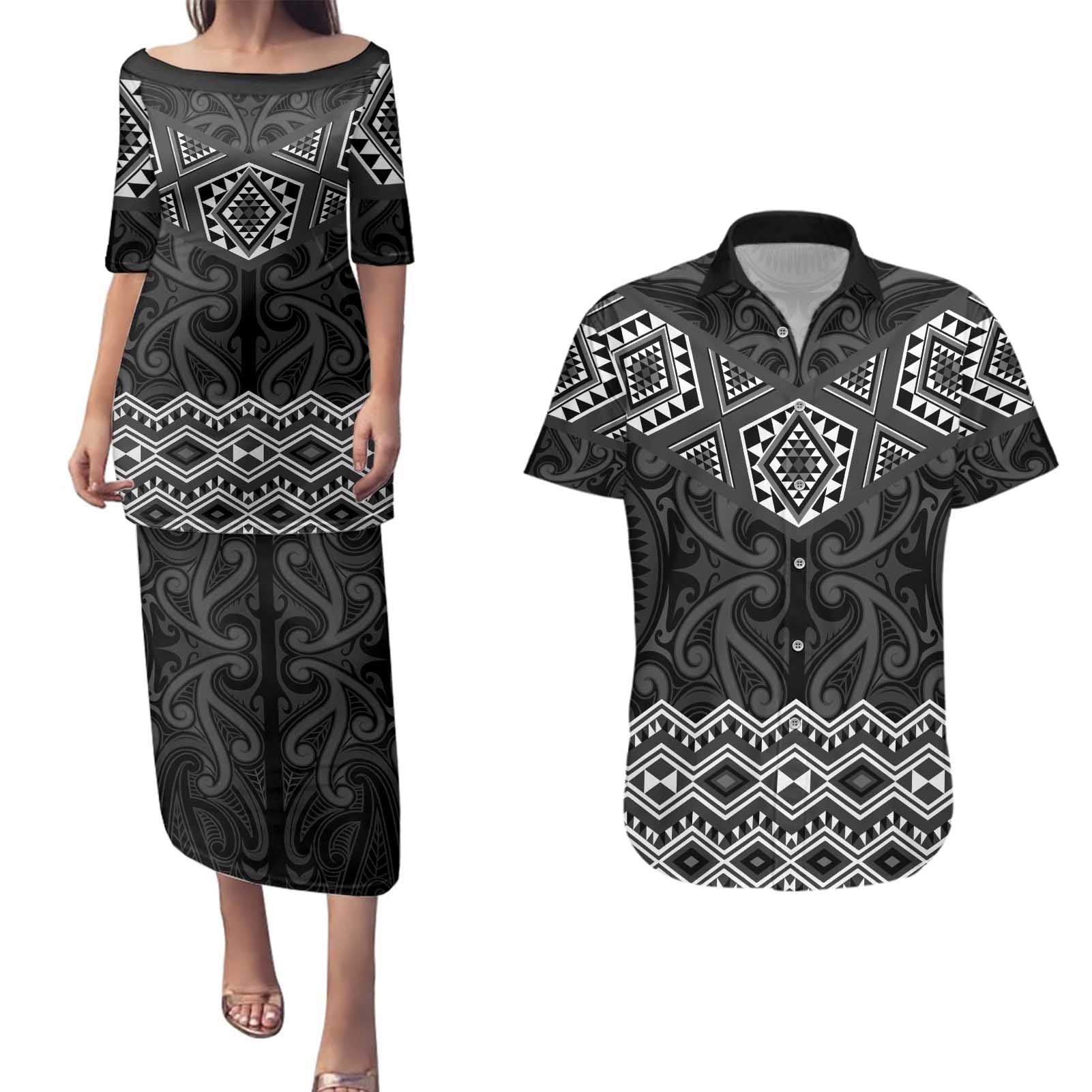 New Zealand Aotearoa Couples Matching Puletasi and Hawaiian Shirt Black Taniko Art Maori Pattern