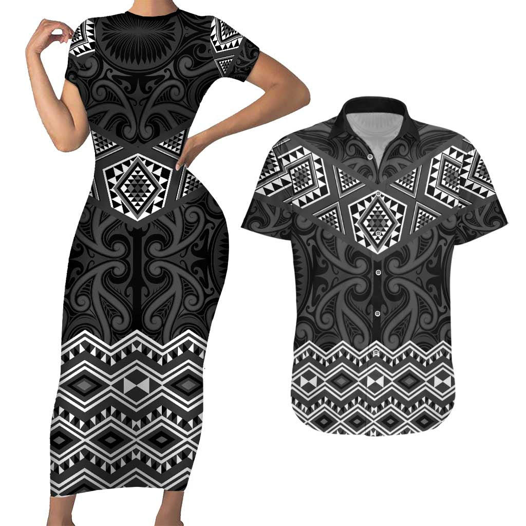 New Zealand Aotearoa Couples Matching Short Sleeve Bodycon Dress and Hawaiian Shirt Black Taniko Art Maori Pattern