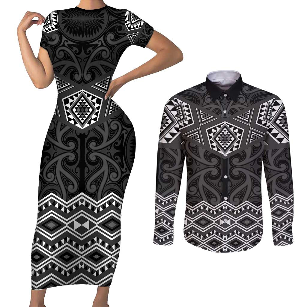 New Zealand Aotearoa Couples Matching Short Sleeve Bodycon Dress and Long Sleeve Button Shirt Black Taniko Art Maori Pattern