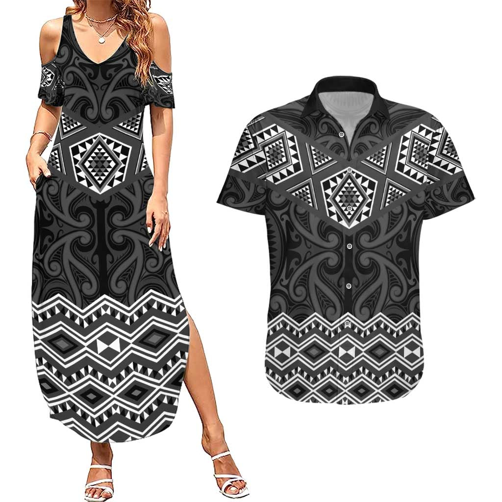 New Zealand Aotearoa Couples Matching Summer Maxi Dress and Hawaiian Shirt Black Taniko Art Maori Pattern