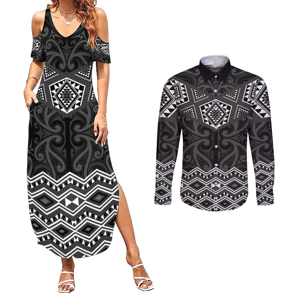 New Zealand Aotearoa Couples Matching Summer Maxi Dress and Long Sleeve Button Shirt Black Taniko Art Maori Pattern