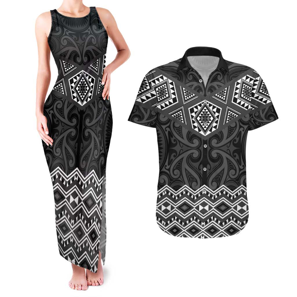 New Zealand Aotearoa Couples Matching Tank Maxi Dress and Hawaiian Shirt Black Taniko Art Maori Pattern