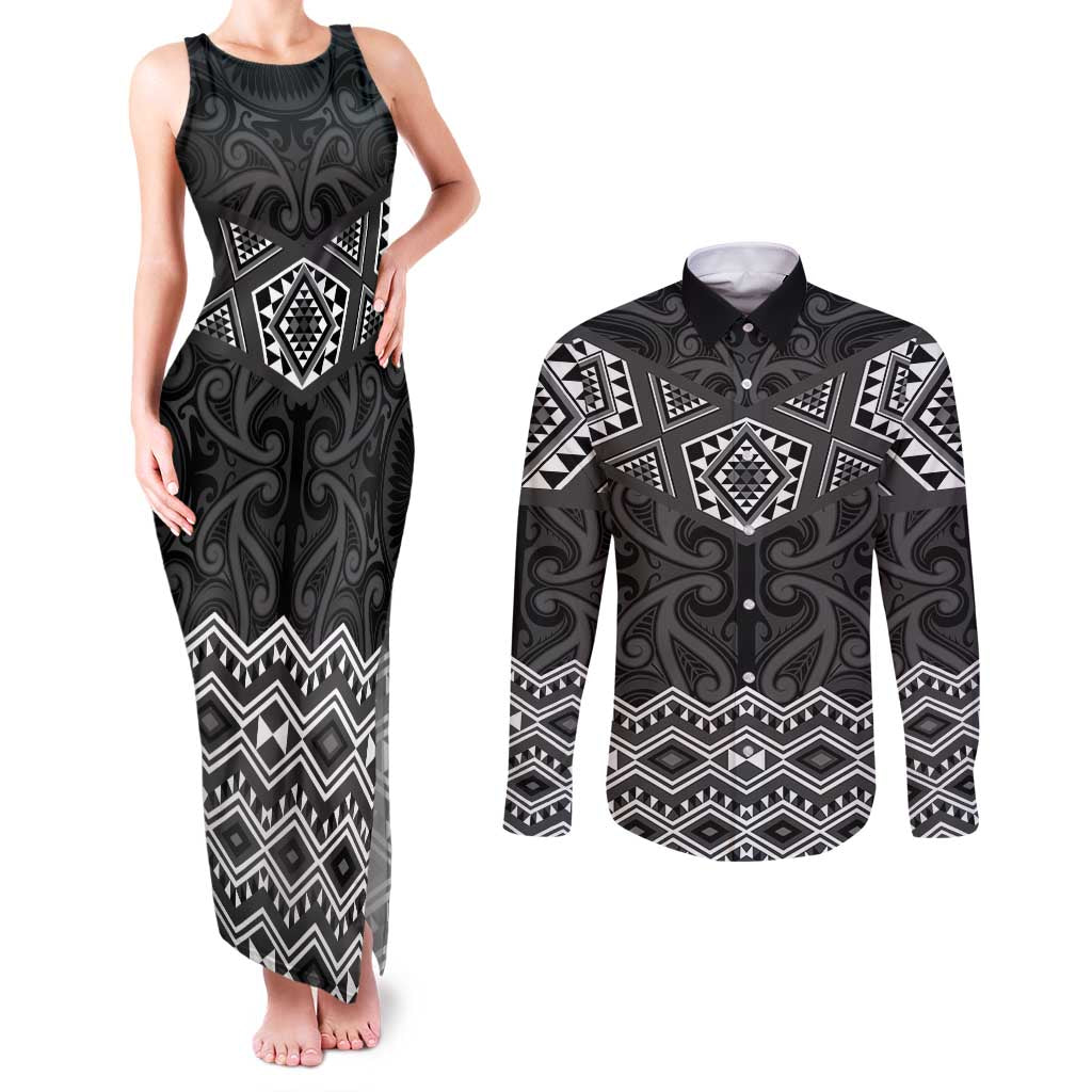 New Zealand Aotearoa Couples Matching Tank Maxi Dress and Long Sleeve Button Shirt Black Taniko Art Maori Pattern