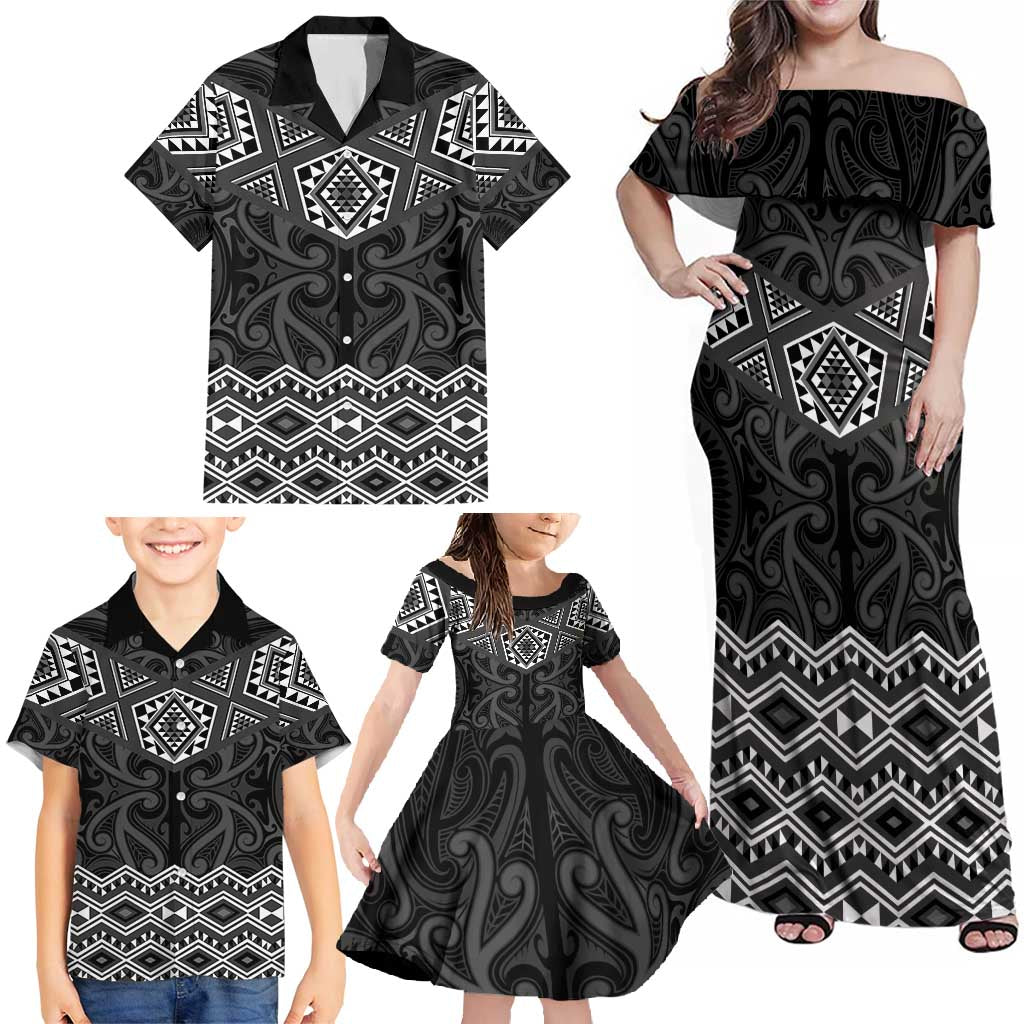 New Zealand Aotearoa Family Matching Off Shoulder Maxi Dress and Hawaiian Shirt Black Taniko Art Maori Pattern