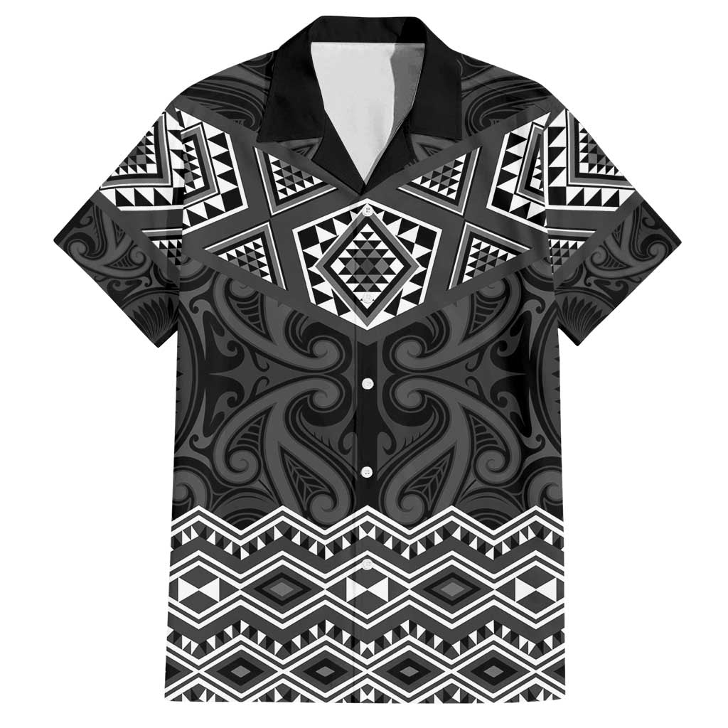 New Zealand Aotearoa Family Matching Off Shoulder Short Dress and Hawaiian Shirt Black Taniko Art Maori Pattern
