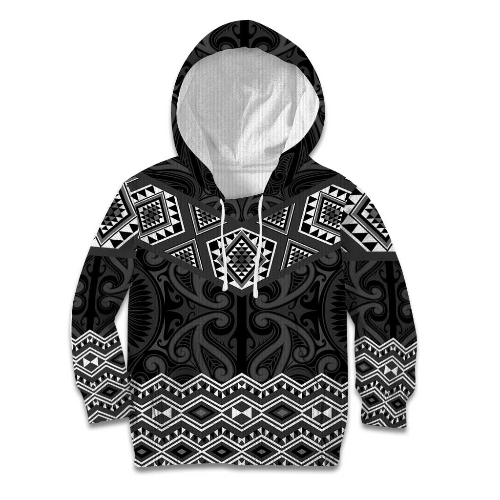 New Zealand Aotearoa Kid Hoodie Black Taniko Art Maori Pattern