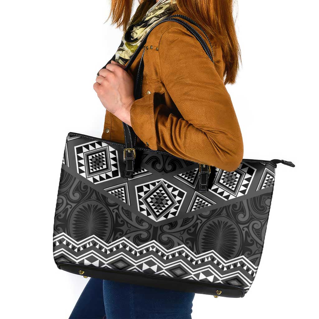 New Zealand Aotearoa Leather Tote Bag Black Taniko Art Maori Pattern