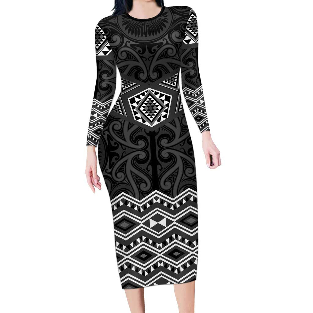 New Zealand Aotearoa Long Sleeve Bodycon Dress Black Taniko Art Maori Pattern